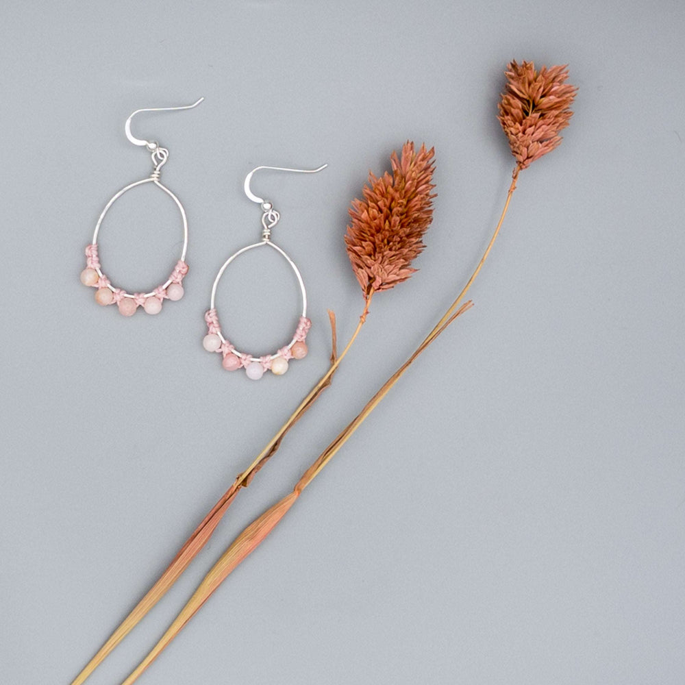 Pink Opal Hoop Earrings / Sterling Silver / Oval
