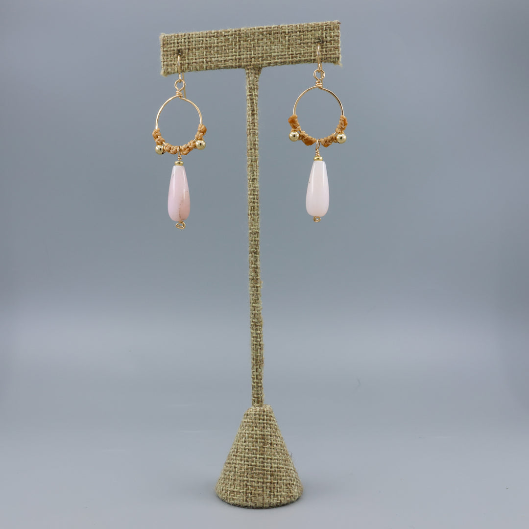 handmade pink opal macrame gold fill hoop earrings on a linen hanger