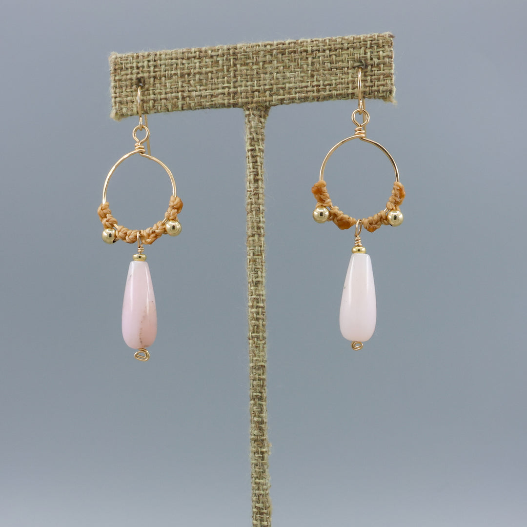 handmade pink opal macrame gold fill hoop earrings on a linen hanger