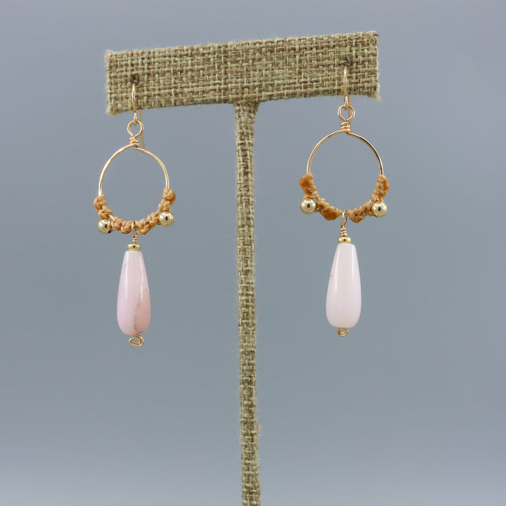 handmade pink opal macrame gold fill hoop earrings on a linen hanger