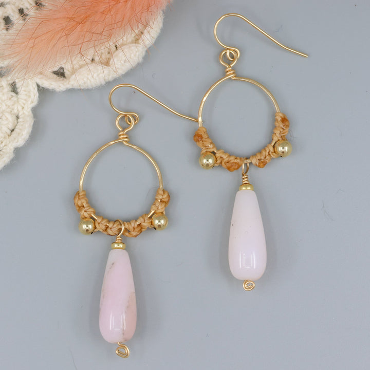 handmade pink opal macrame gold fill hoop earrings