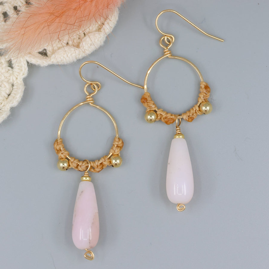 handmade pink opal macrame gold fill hoop earrings