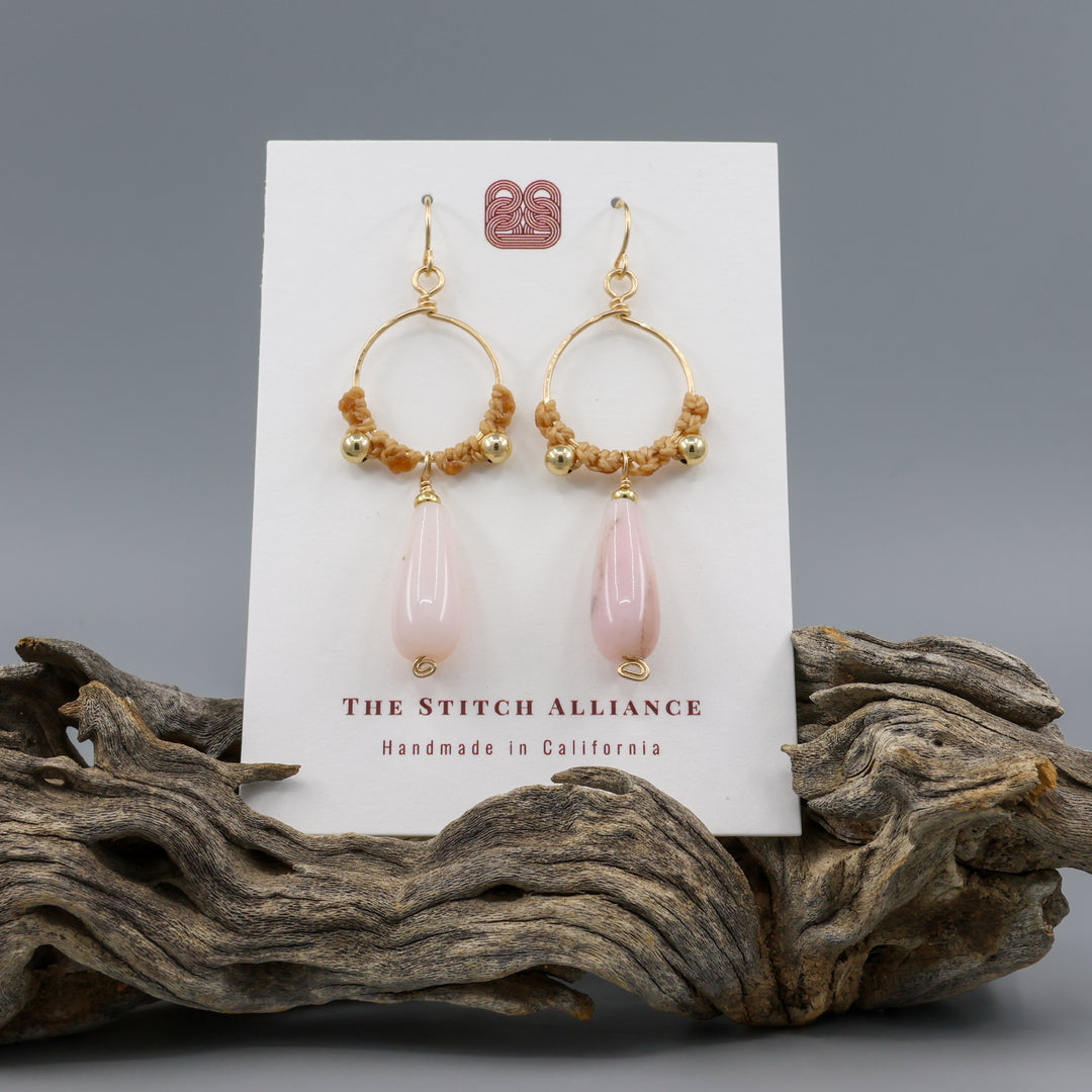 handmade pink opal macrame gold fill hoop earrings on a white card