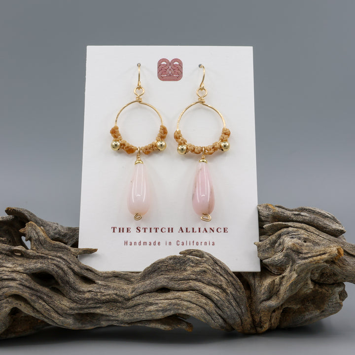 handmade pink opal macrame gold fill hoop earrings on a white card