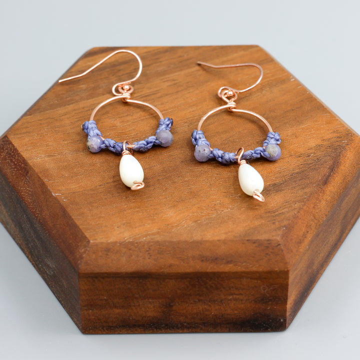 Rose gold, mother of pearl, and tanzanite hoop earrings