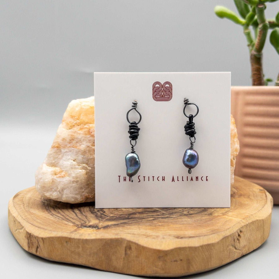 Freshwater pearl drop earrings oxidized sterling silver and black leather