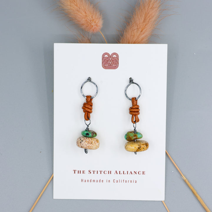 handmade picture jasper, turquoise, and leather drop earrings. oxidized sterling silver