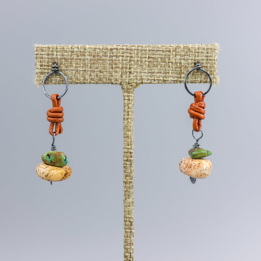 handmade picture jasper and turquoise drop  earrings with leather and oxidized sterling silver