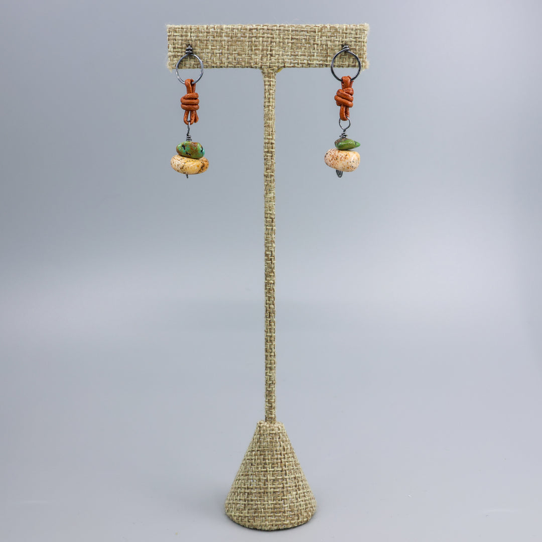 handmade picture jasper, turquoise, and leather drop earrings. oxidized sterling silver on linien hanger