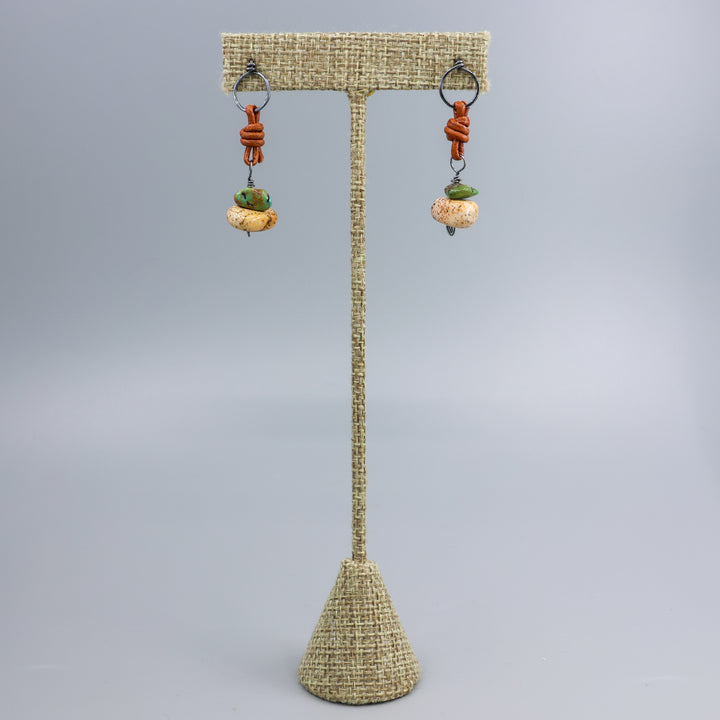 handmade picture jasper, turquoise, and leather drop earrings. oxidized sterling silver on linien hanger