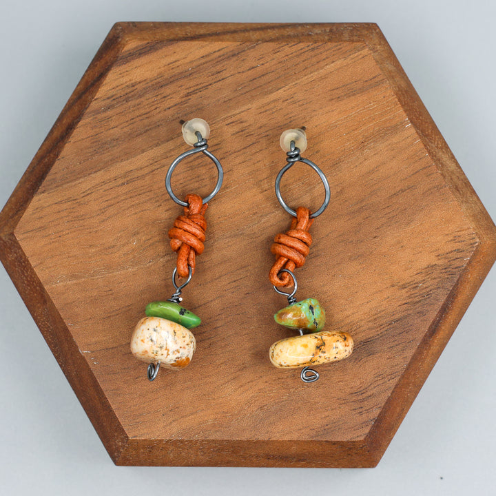 picture jasper, turquoise, and leather drop earrings. Handmade