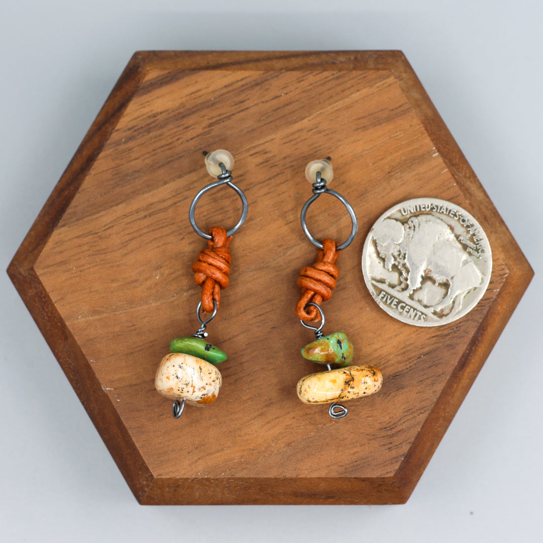 handmade picture jasper, turquoise, and leather drop earrings. oxidized sterling silver with coin for size comparison