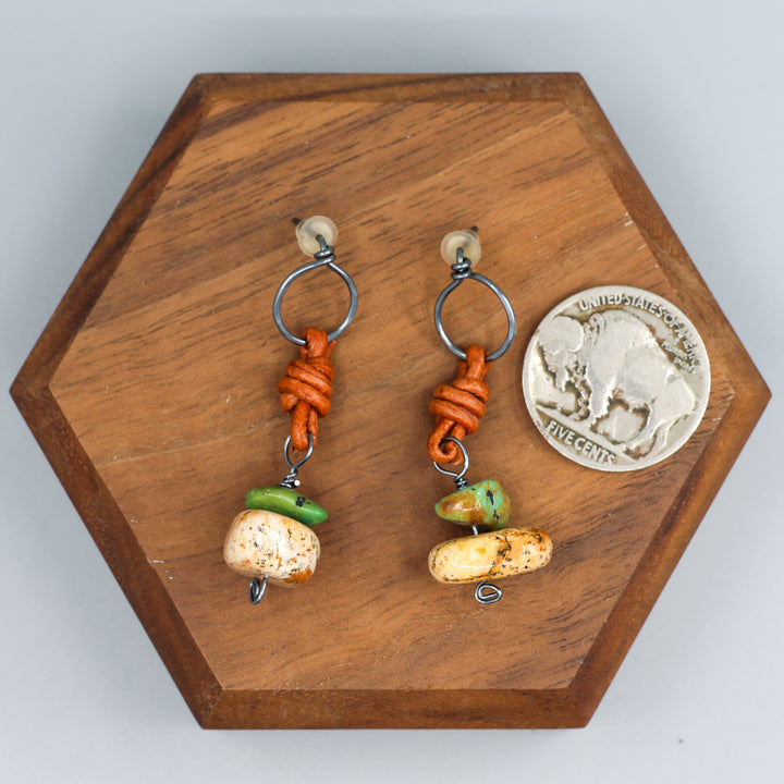 handmade picture jasper, turquoise, and leather drop earrings. oxidized sterling silver with coin for size comparison