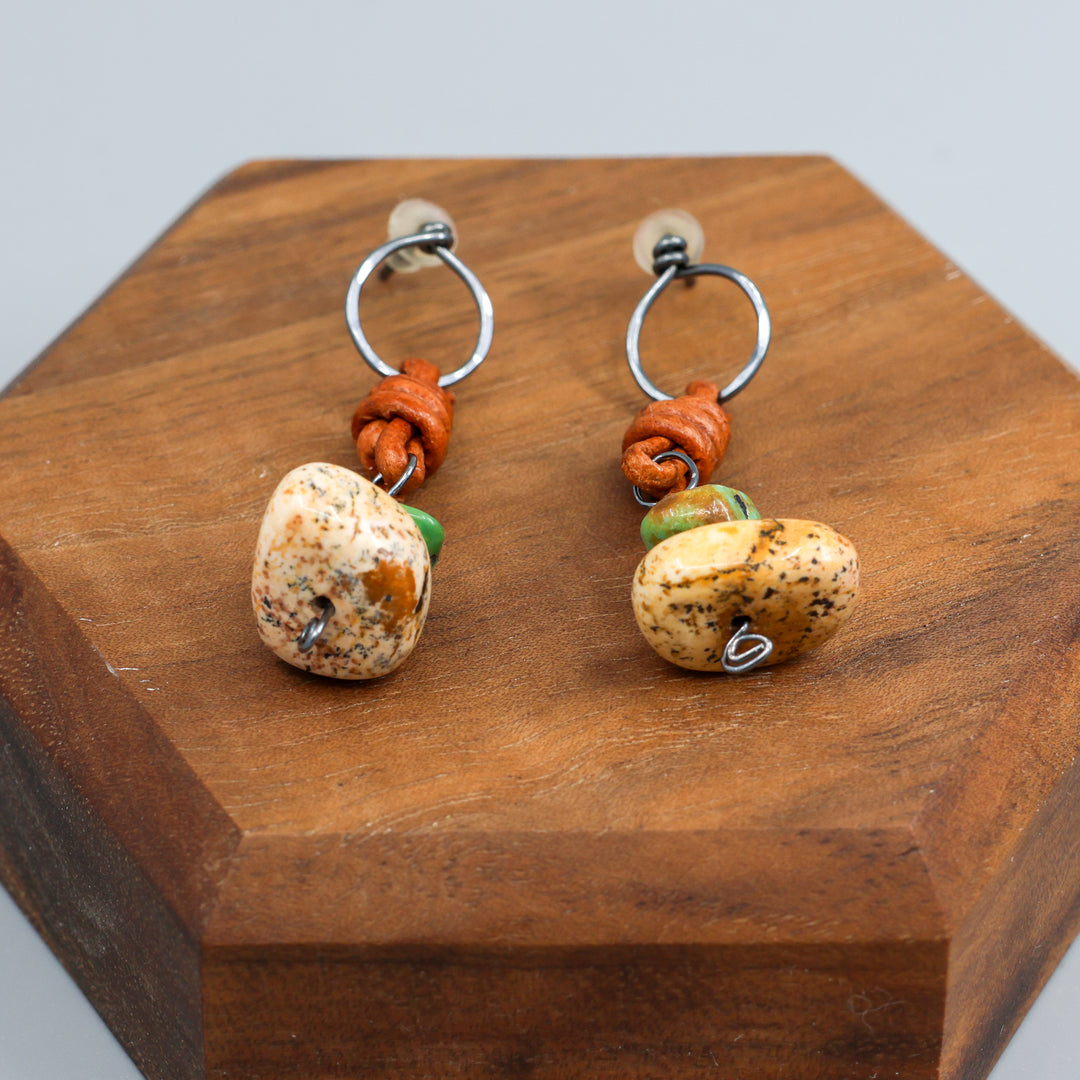 handmade picture jasper, turquoise, and leather drop earrings. oxidized sterling silver detail