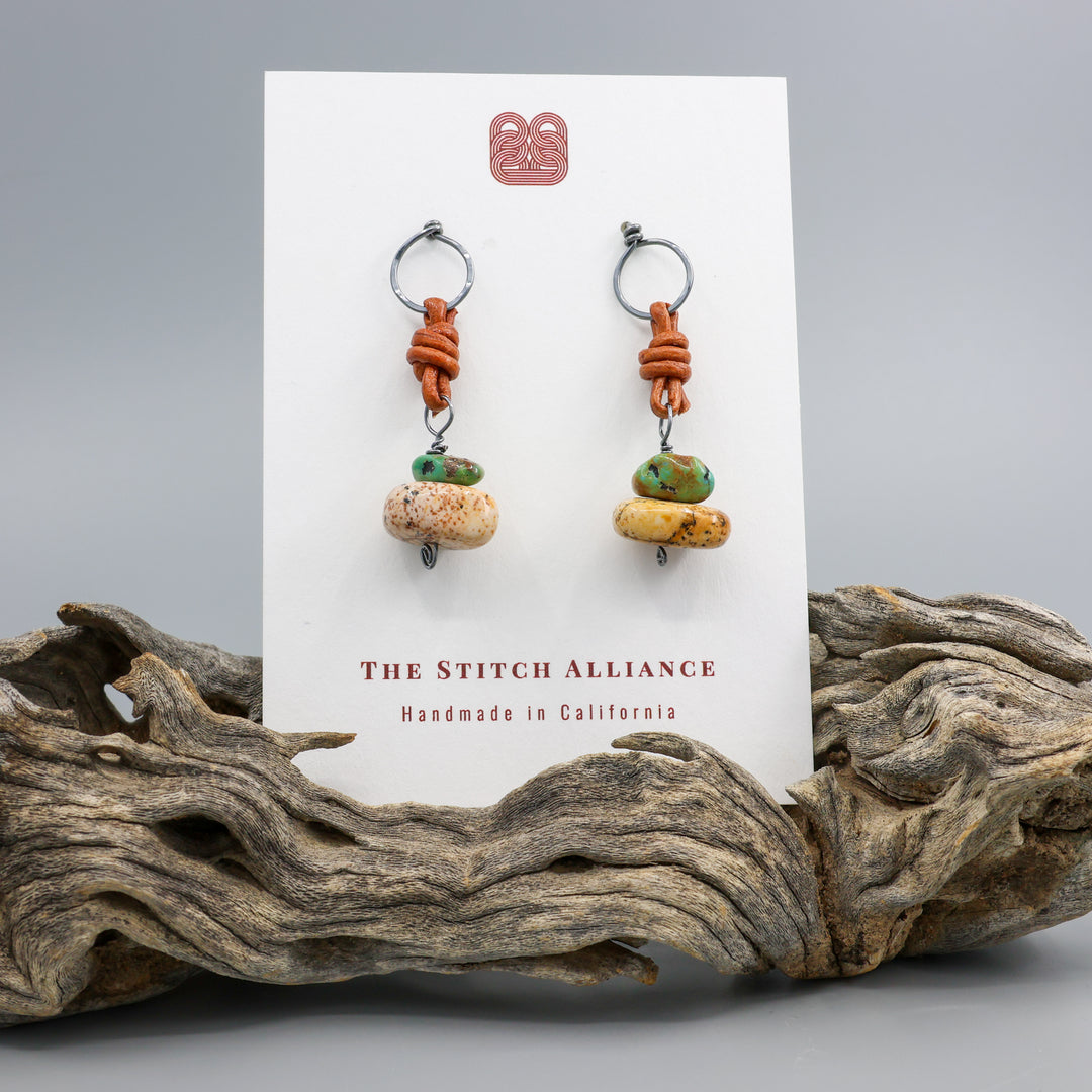handmade picture jasper, turquoise, and leather drop earrings. oxidized sterling silver on white card