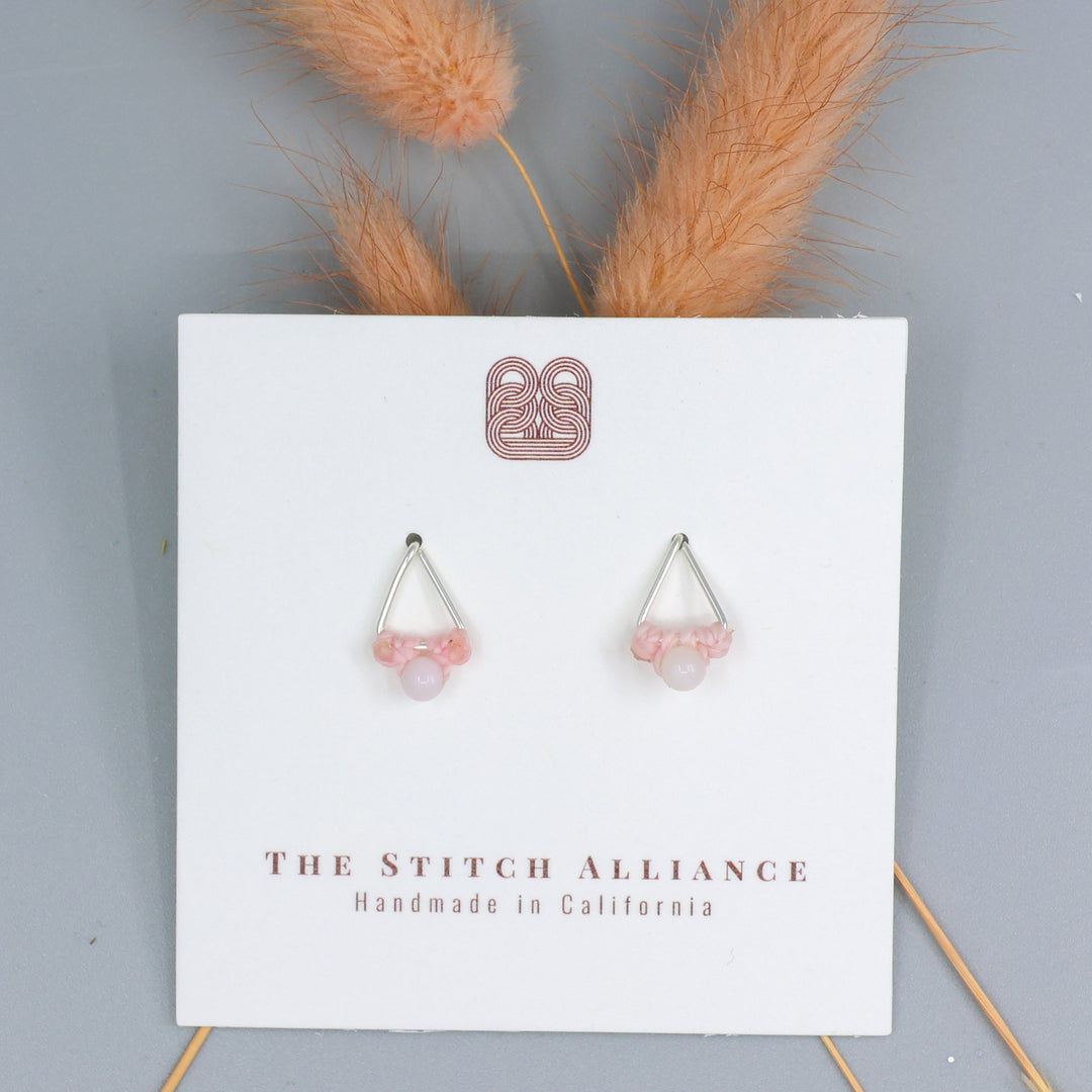 handmade pink opal stud earrings sterling silver triangle on white card