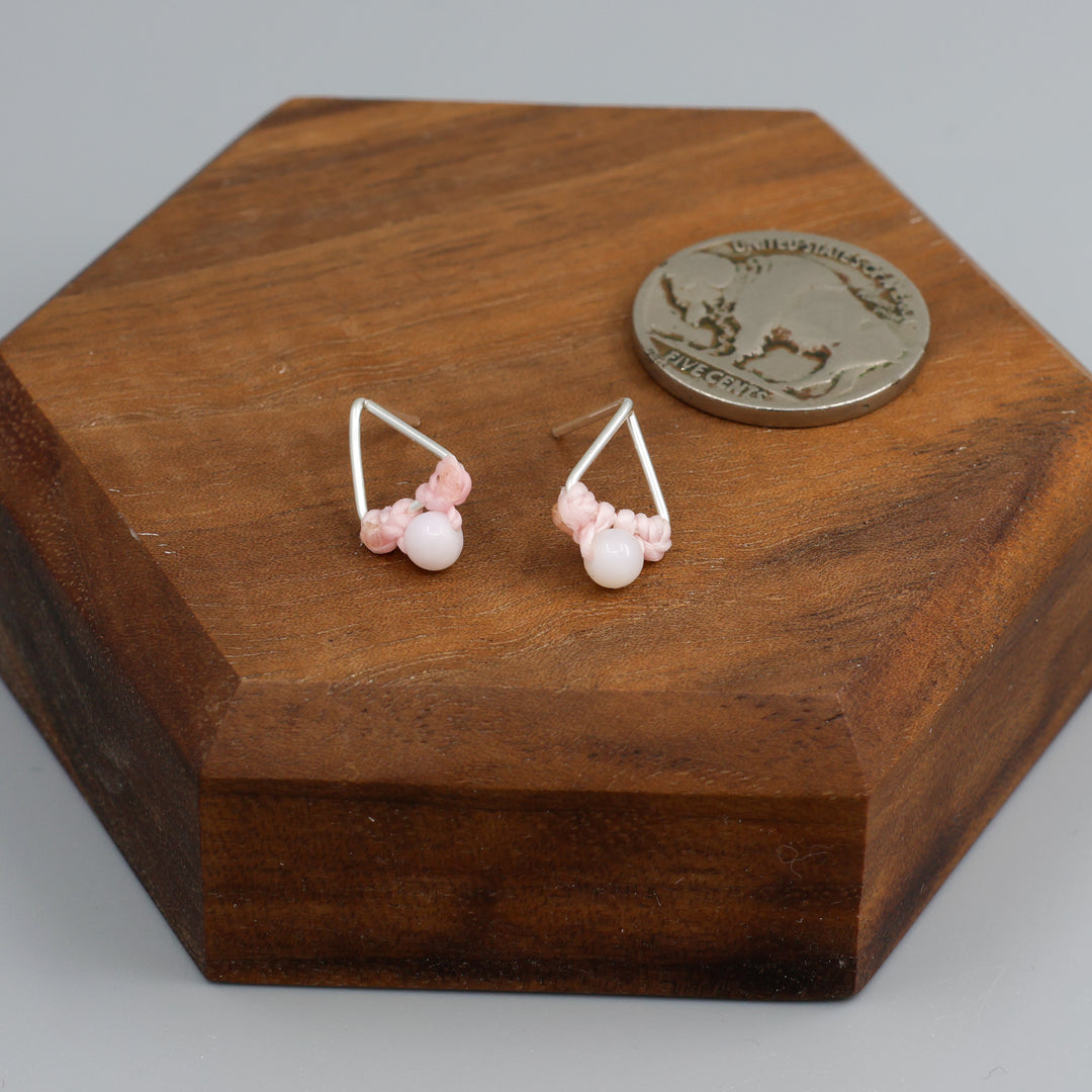 pink opal stud earrings sterling silver triangle with coin for size comparison