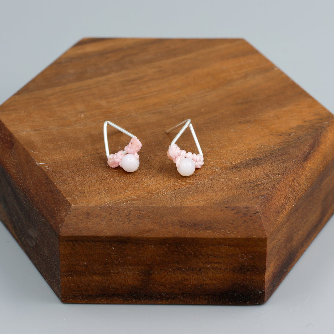 handmade pink opal stud earrings sterling silver triangle