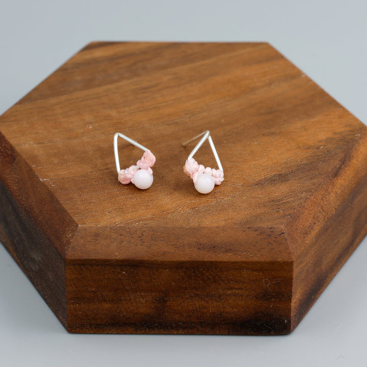 handmade pink opal stud earrings sterling silver triangle