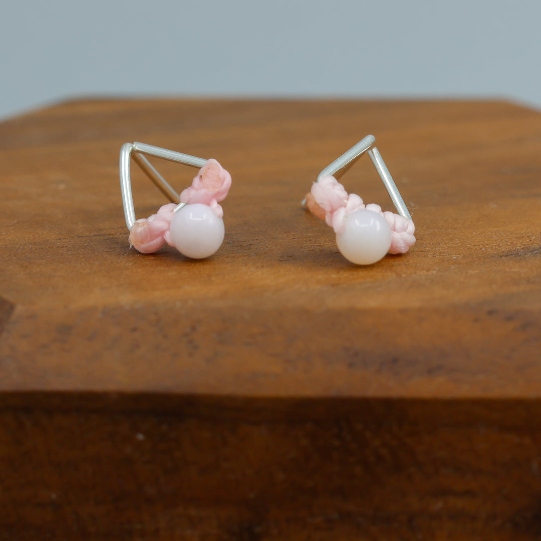 pink opal stud earrings sterling silver triangle