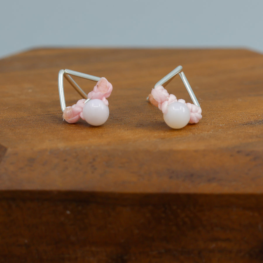 pink opal stud earrings sterling silver triangle