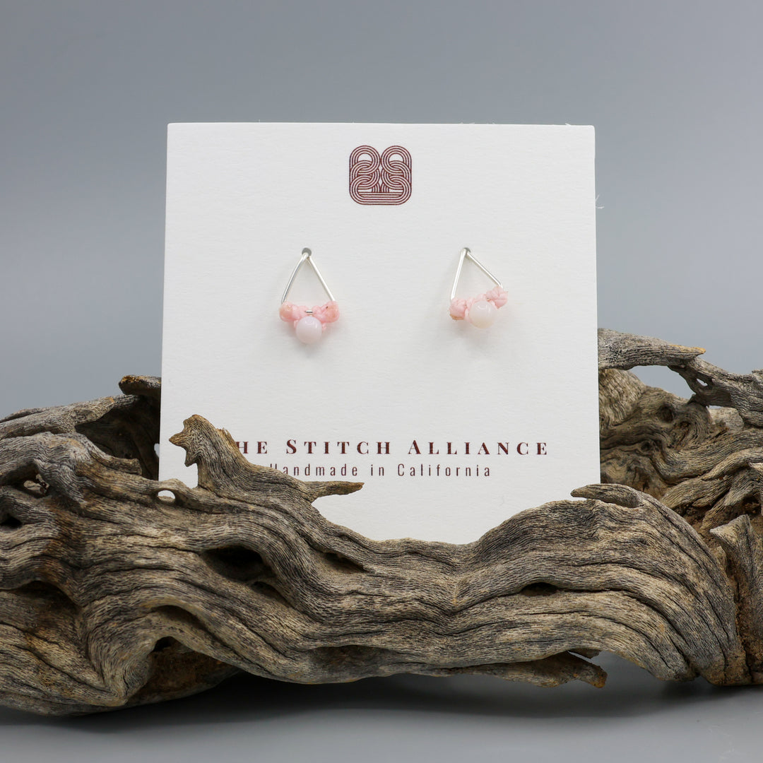 pink opal stud earrings sterling silver triangle on white card