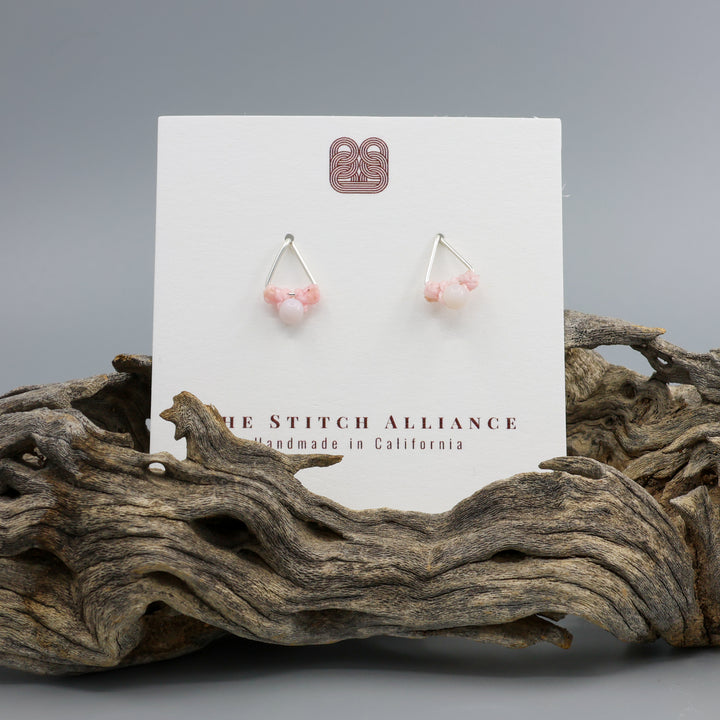 pink opal stud earrings sterling silver triangle on white card