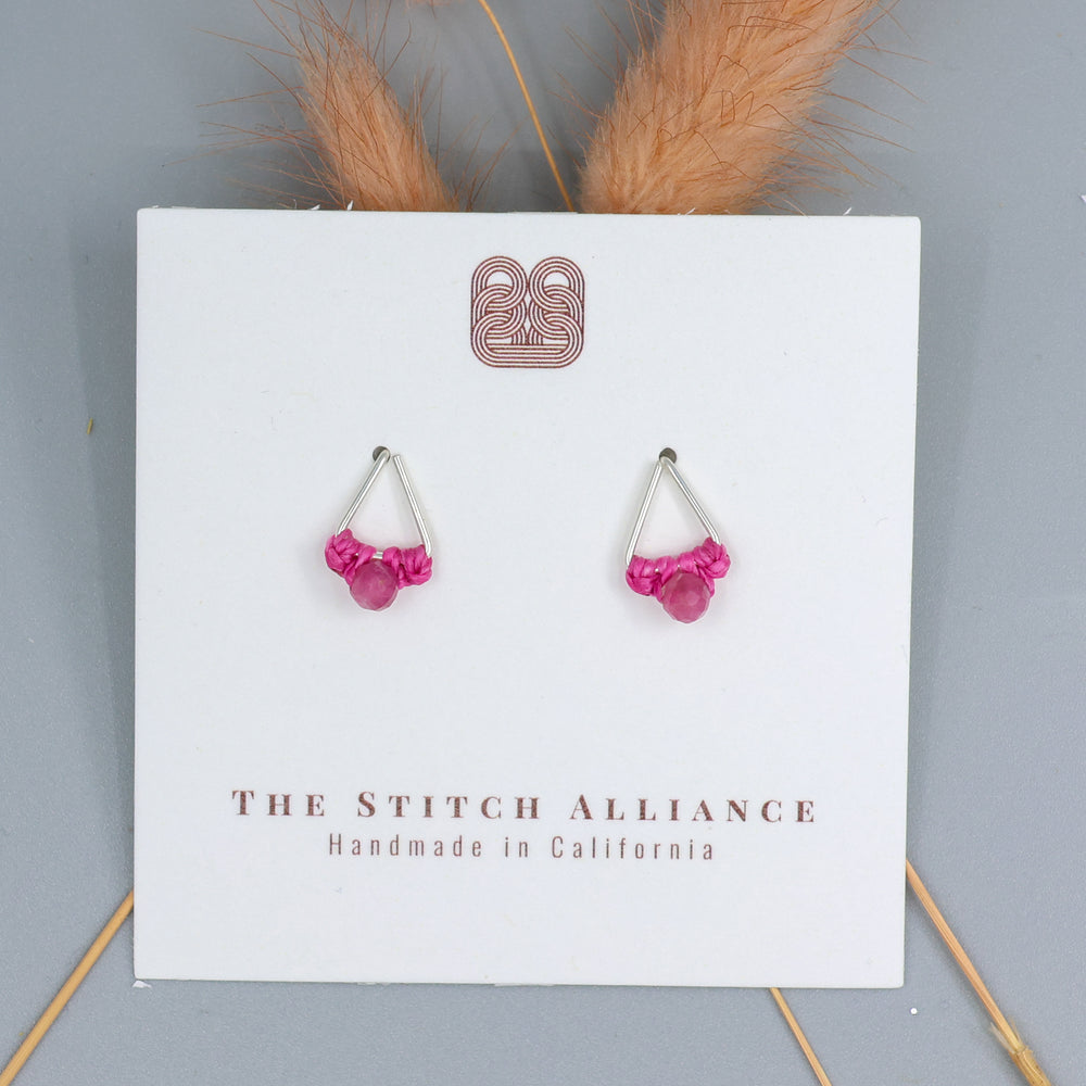handmade pink tourmaline stud earrings sterling silver triangle on white card