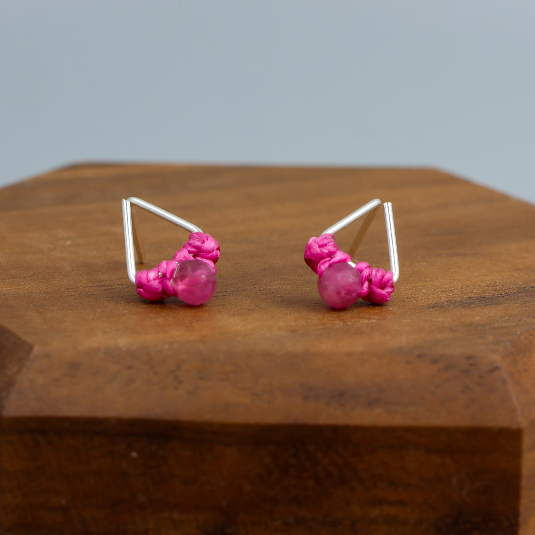pink tourmaline stud earrings sterling silver triangle