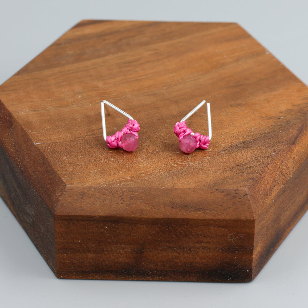 handmade pink tourmaline stud earrings sterling silver triangle