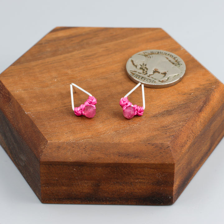 pink tourmaline stud earrings sterling silver triangle with coin for size comparison