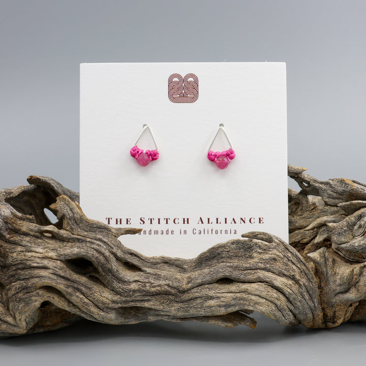 pink tourmaline stud earrings sterling silver triangle on white card
