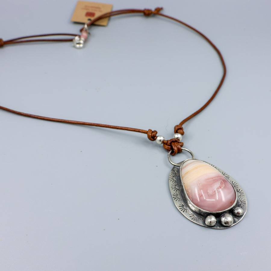 pink and yellow jasper sterling silver necklace on leather cord