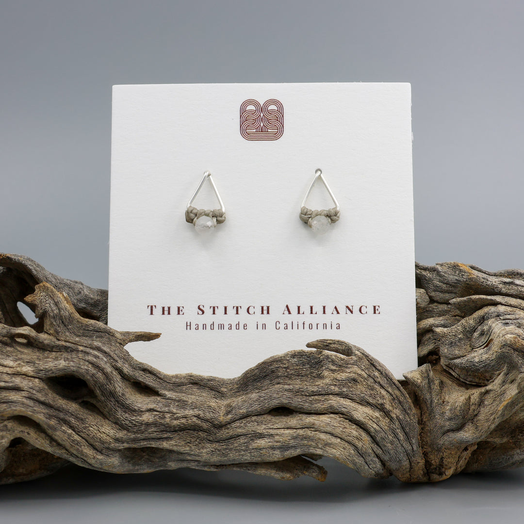 handmade rainbow moonstone studs sterling silver triangle on white card