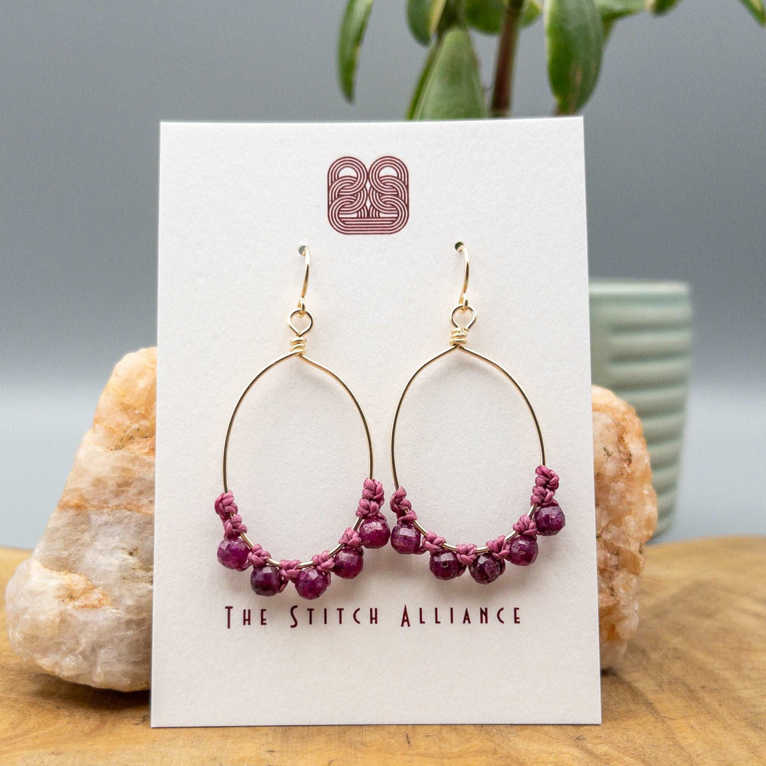 ruby hoop earrings 14k gold fill on white card