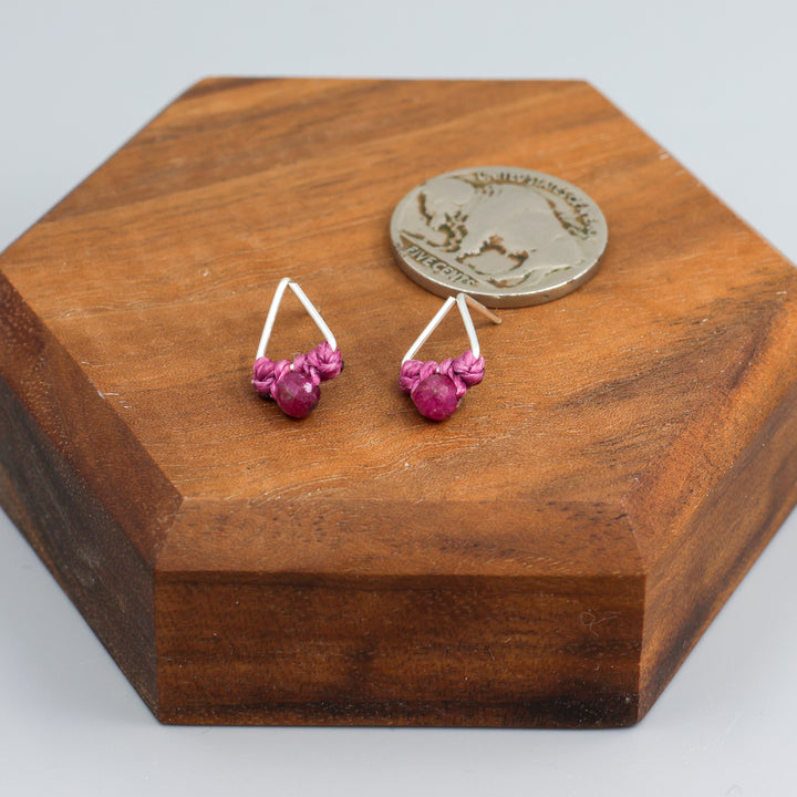 ruby stud earrings sterling silver triangle with coin for size comparison