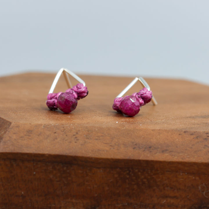 ruby stud earrings sterling silver triangle