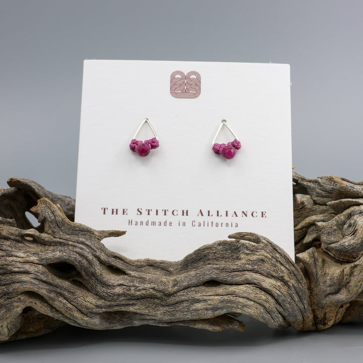 ruby stud earrings sterling silver triangle on white card