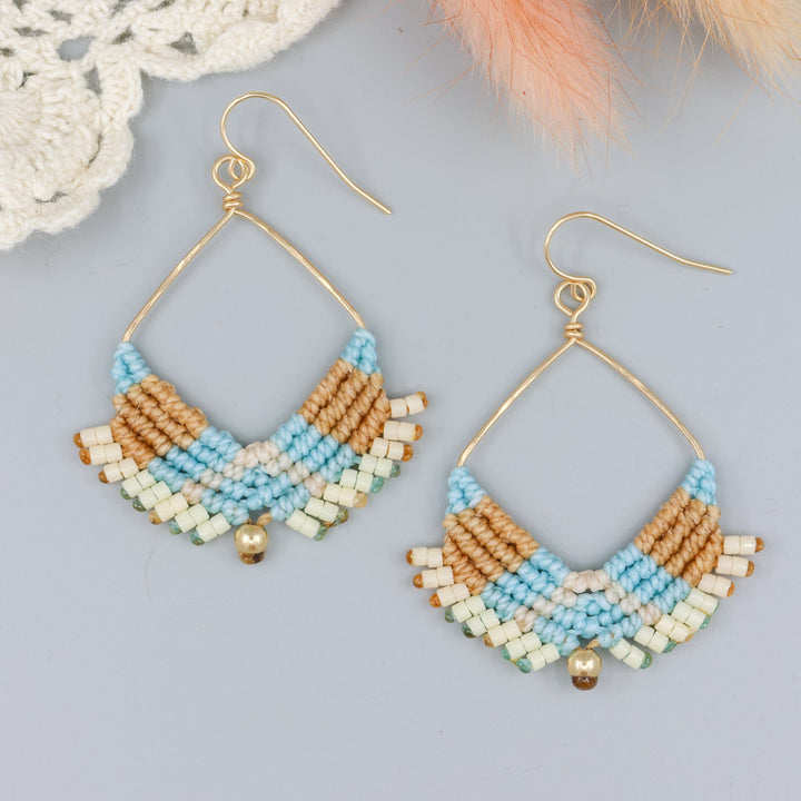 handmade square hoop macrame earrings gold fill and coastal colors