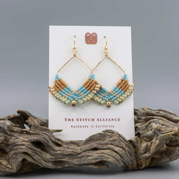 handmade square hoop macrame earrings gold fill and coastal colors on a white card