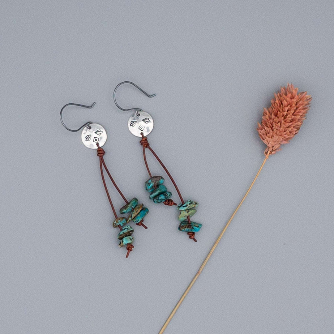 vintage turquoise beads dangle earrings with hand stamped sterling silver disc