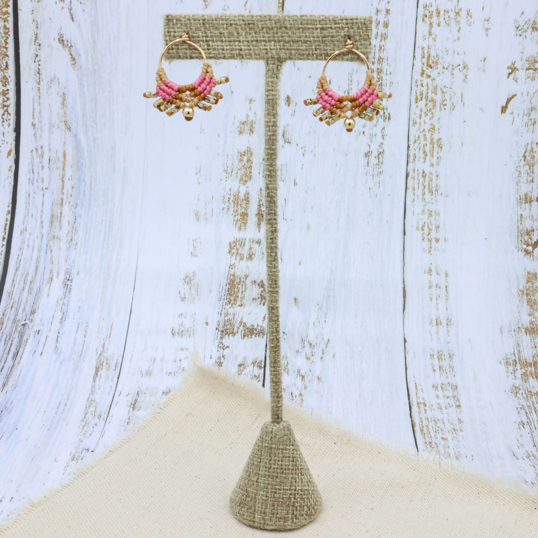pink and gold macrame earrings with hand-formed gold filled wire posts