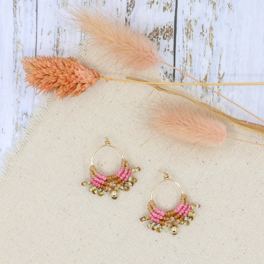 handmade pink and gold macrame earrings with gold filled wire posts