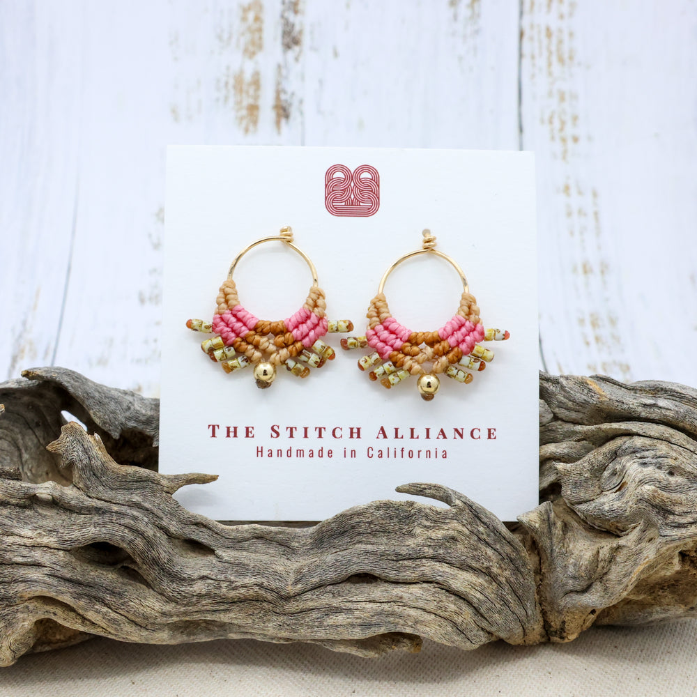 pink and gold macrame earrings with handmade gold filled wire posts