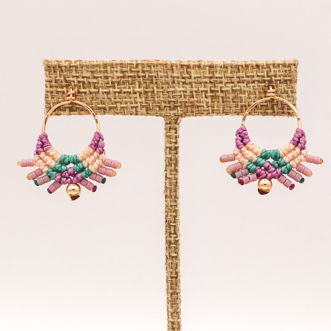 macrame drop earrings in purple and green gold filled wire