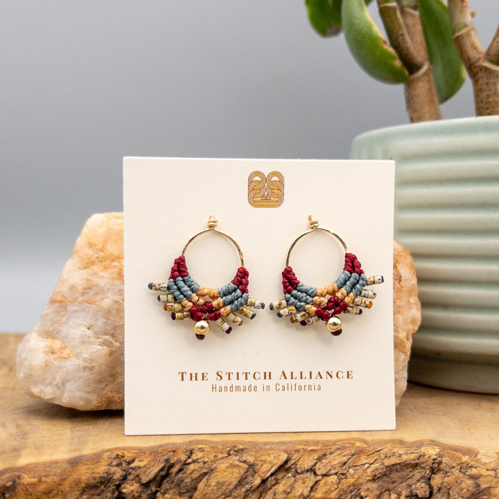 handmade deep red, dusty blue, and tan macrame earrings in 14k gold fill
