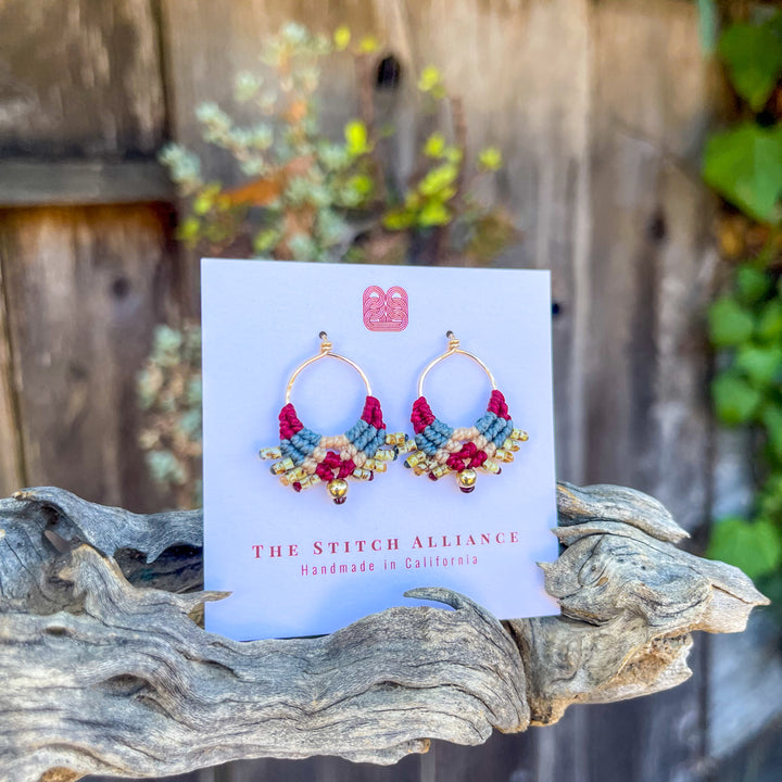 handmade gold filled macrame earrings in res, blue, and tan