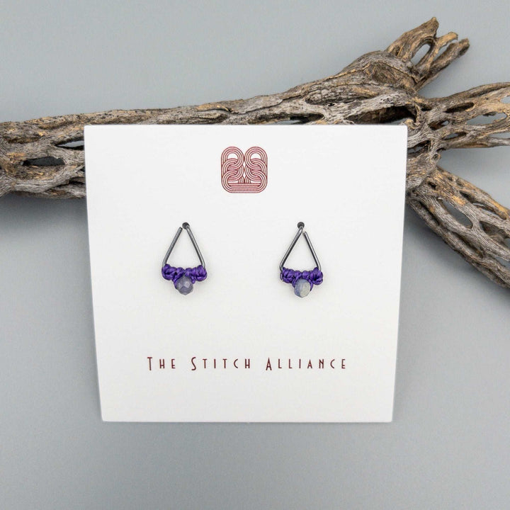 Tanzanite sterling silver triangle post earring. Handmade macrame