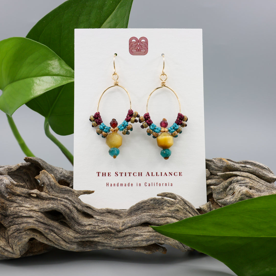 Thunderbird Hoop Earrings / Tiger's Eye, Apatite, Garnet / Gold Fill