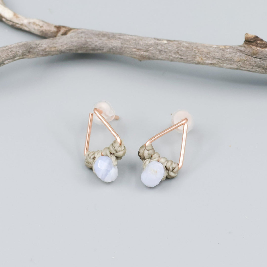 handmade rose gold triangle earrings with blue lace agate beads